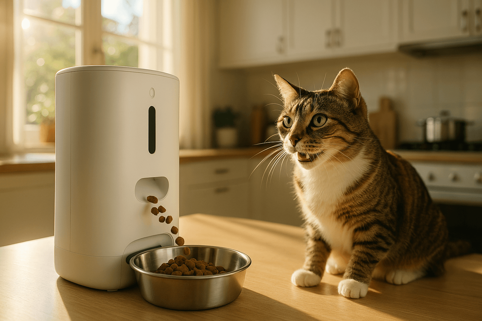 Sleek white automatic pet feeder dispensing food into a bowl for a cat