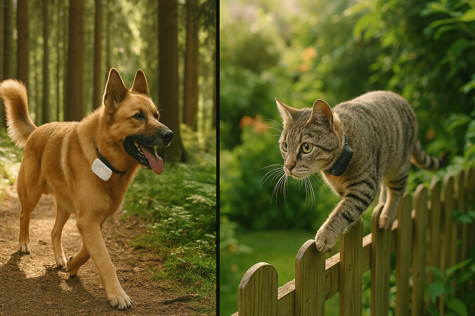 Split screen showing Tractive tracker on a dog in a forest and a cat on a fence