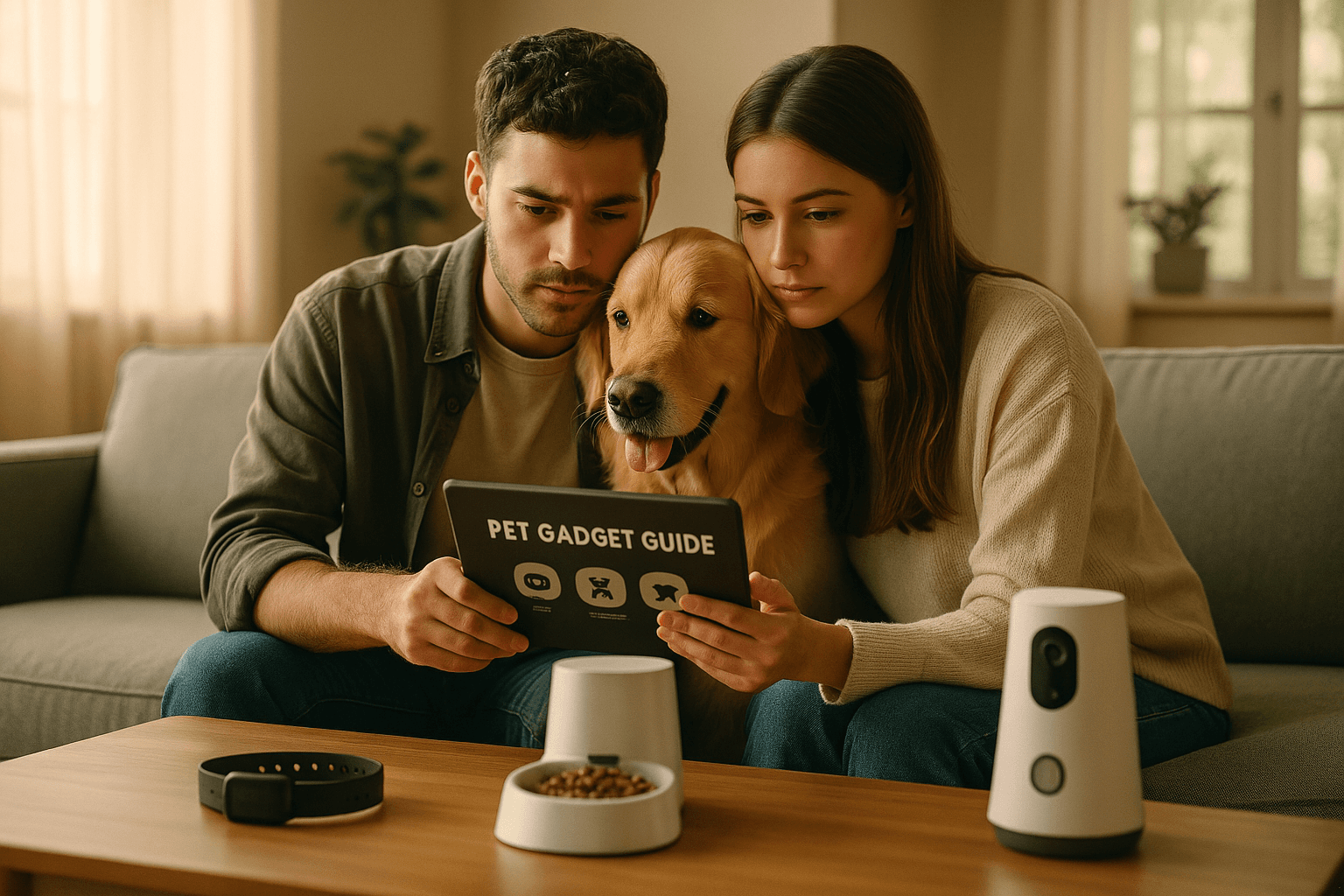 Person reading a guide about pet gadgets