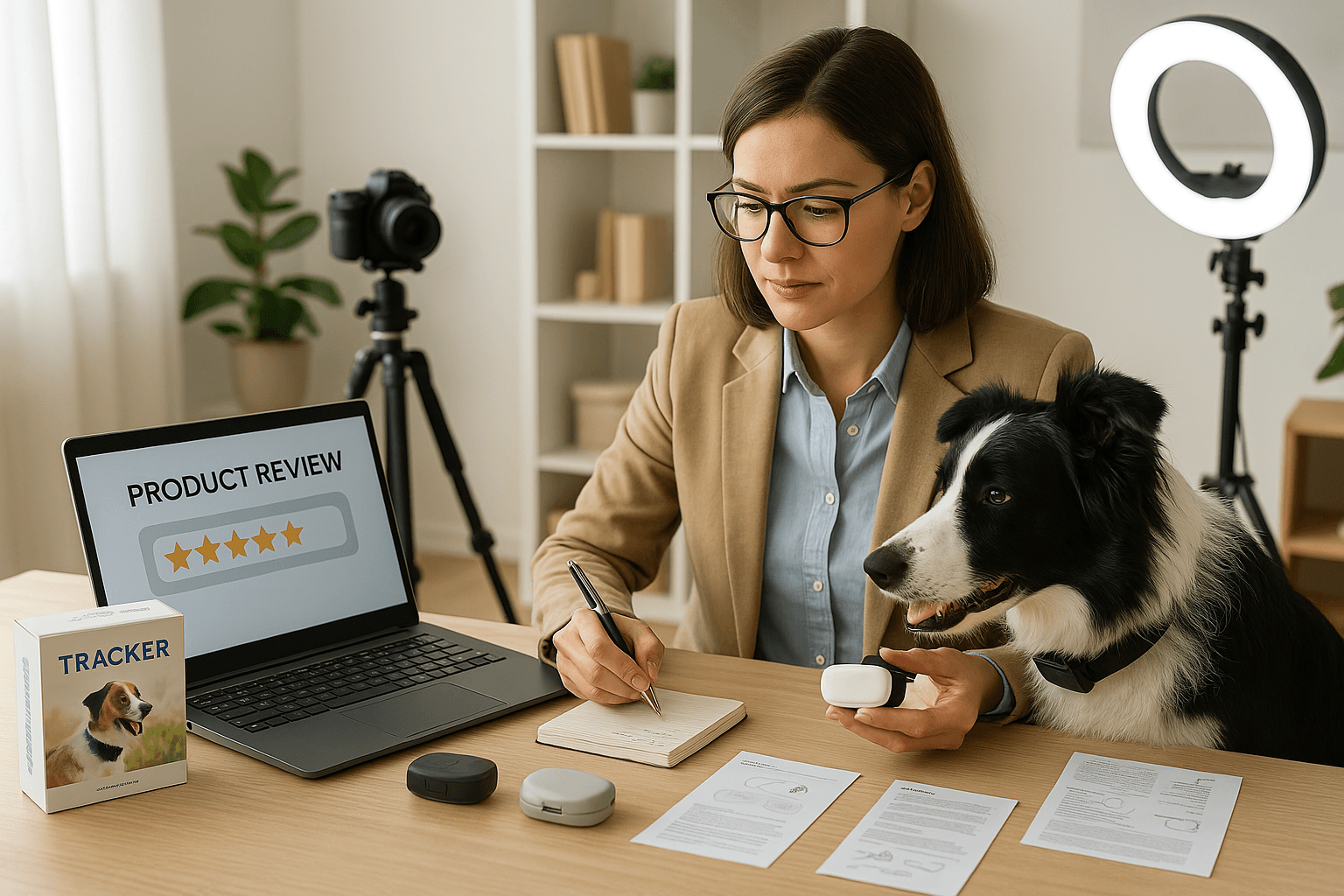 Person testing and reviewing pet gadgets