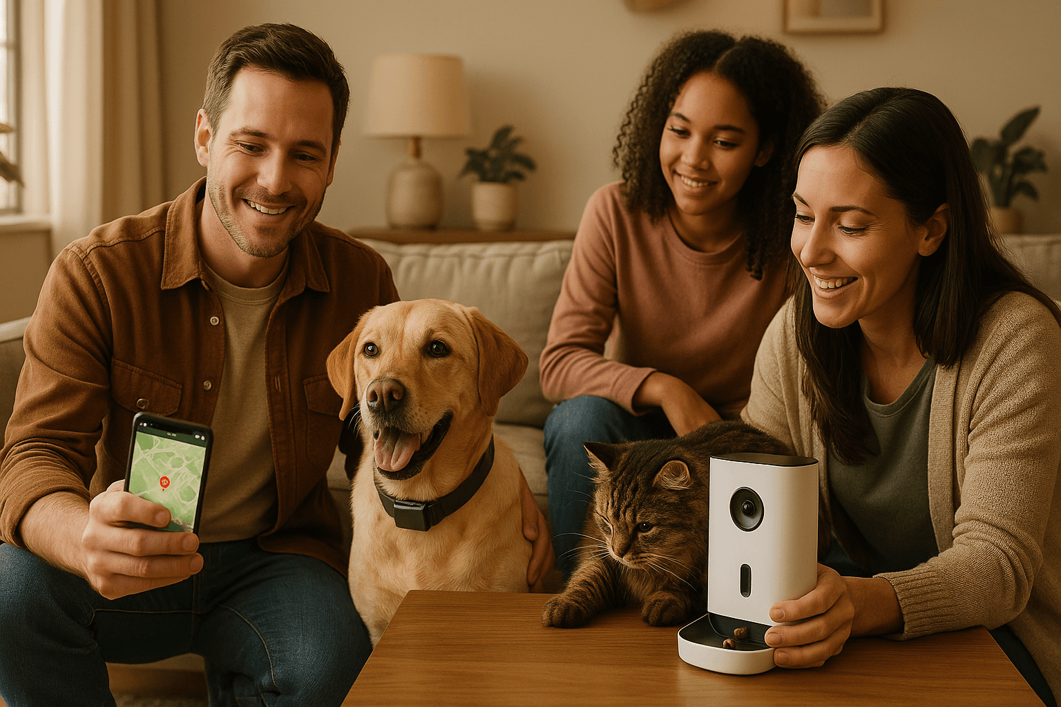 Family using pet gadgets with their dog and cat